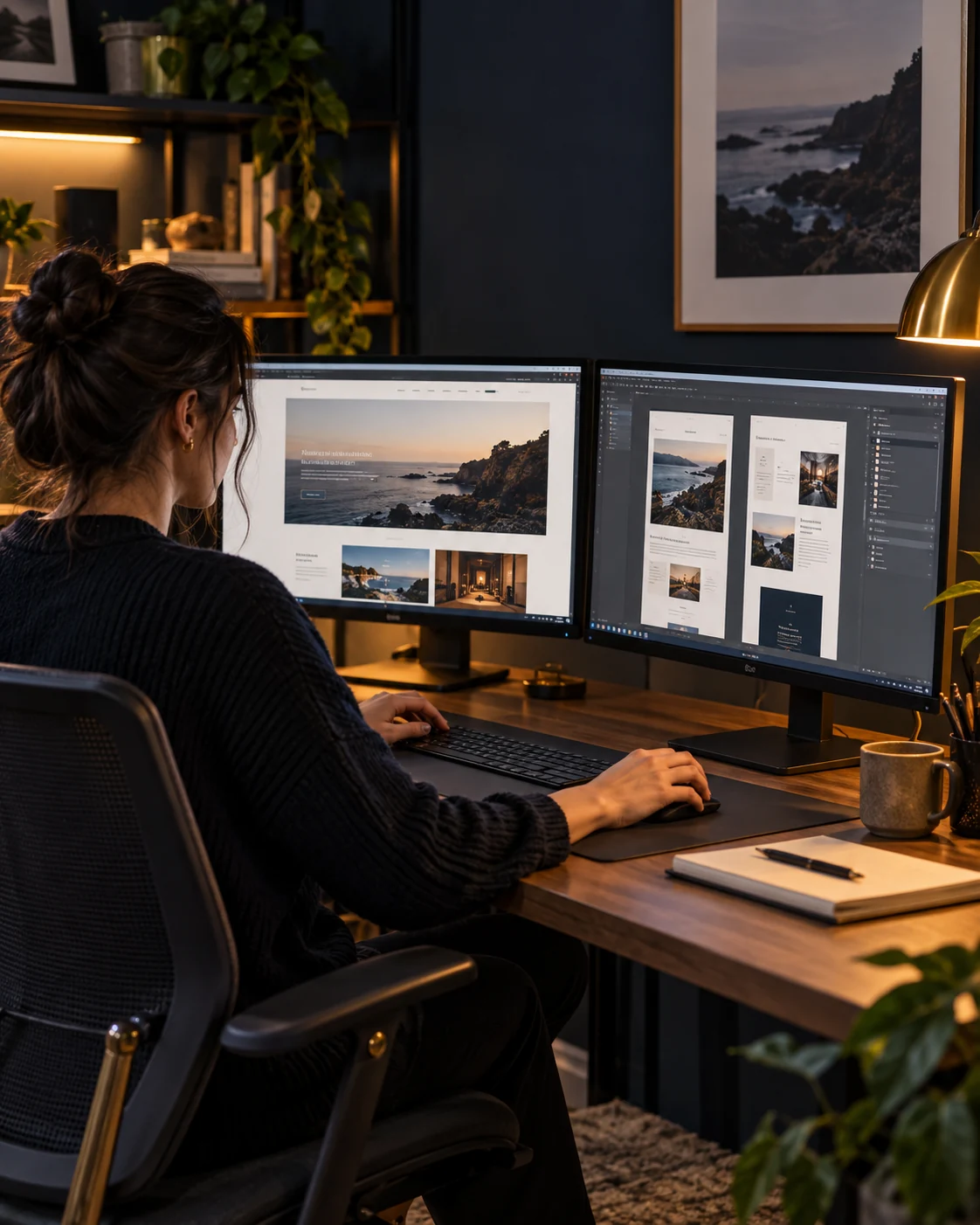 Web designer working at a desk with two monitors