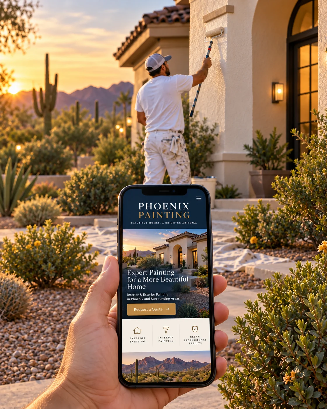 A hand holds a phone showing a painter’s website while a painter works on a house behind it